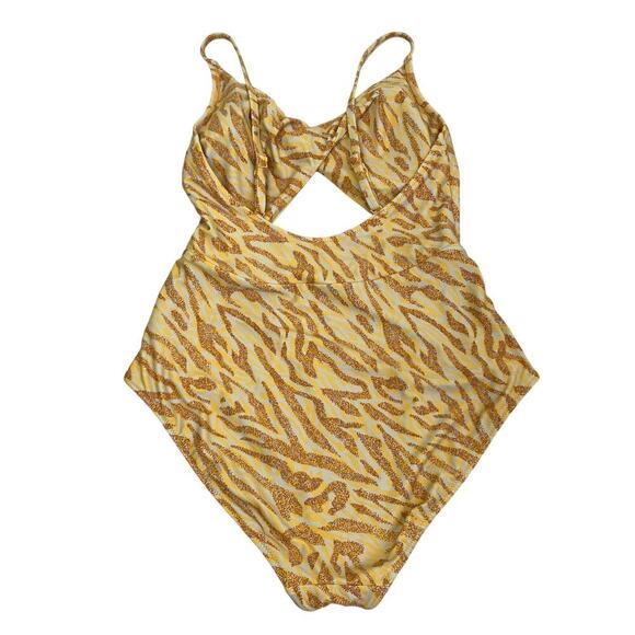aerie Sz M Twist Front Cut Out One Piece Full Coverage Swimsuit Orange Yellow - Picture 9 of 16